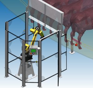 Automation Solutions and Robotics | Australian Developed Robotic Teat Sprayer Fanuc robotic teat sprayer cell design -- RoboGuide simulation showing robot, safety guarding, and dairy platform interface