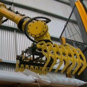 Compact Robot Palletiser at Prime Pellets stacks directly on a stretch wrapper